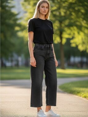Good American Jeanius Good Skate Cotton -High-Rise Wide Leg Jeans in Washe Black